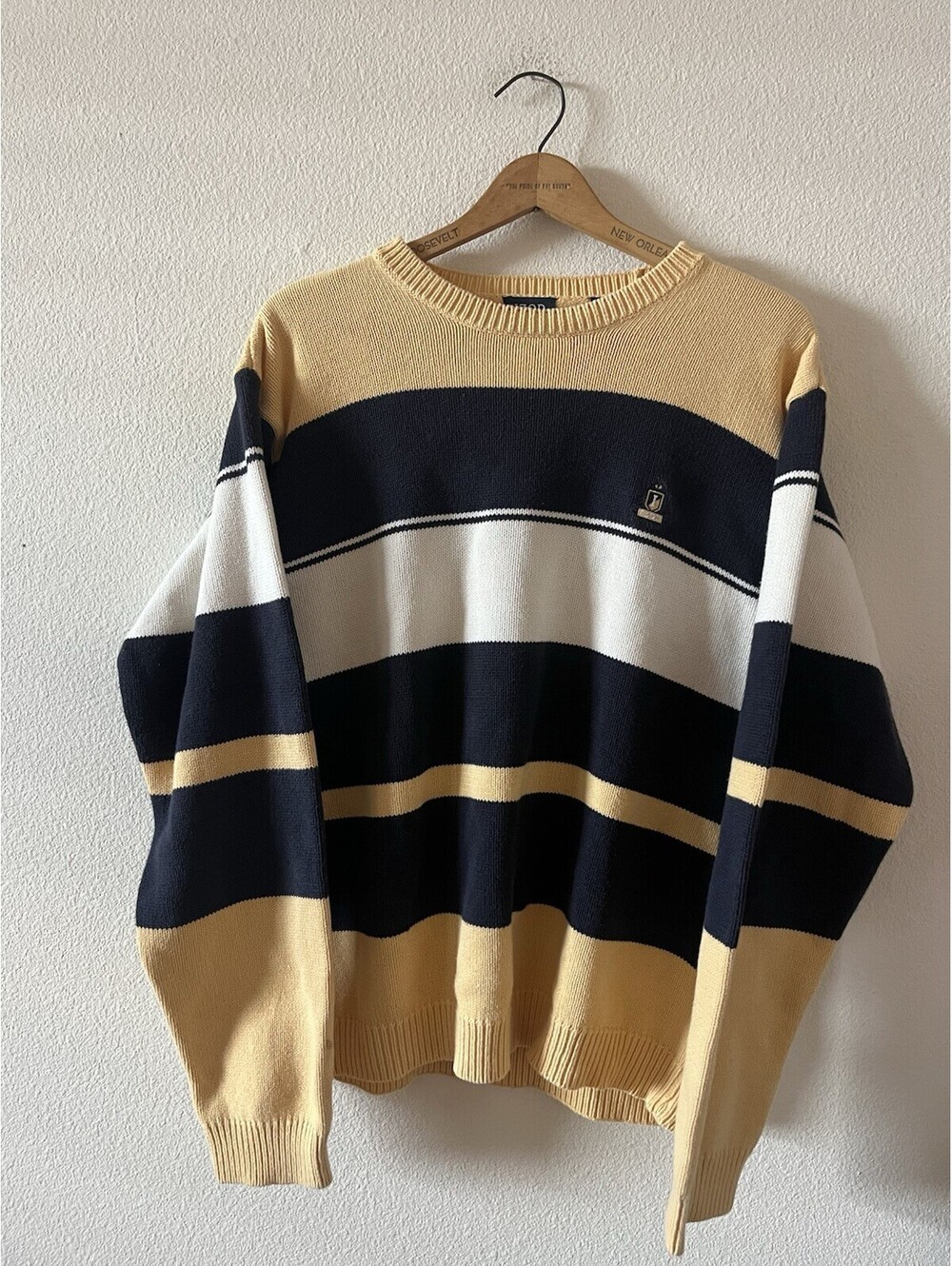 Vintage Izod Striped Knit Crewneck Sweater Yellow Navy Large